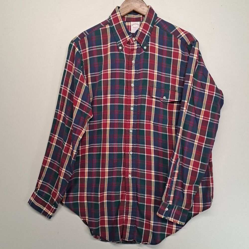 Brooks Brothers Makers L Cotton Plaid Flannel Button Down Shirt Made in USA